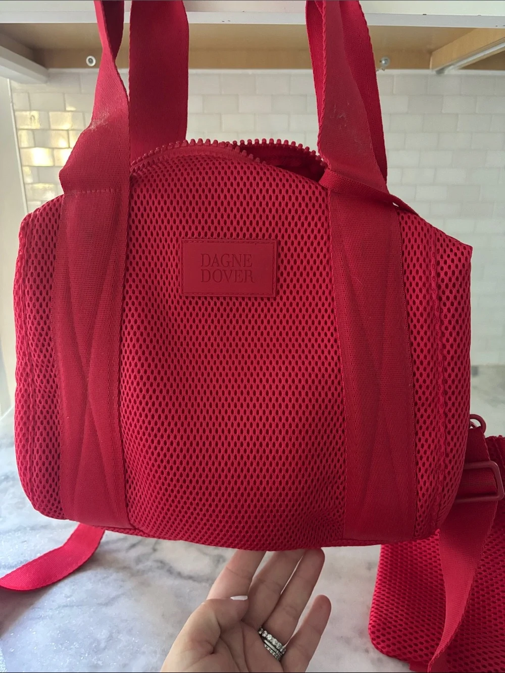 Dagne Dover Red Mesh Backpack Tote with Detachable Pouch NWOT